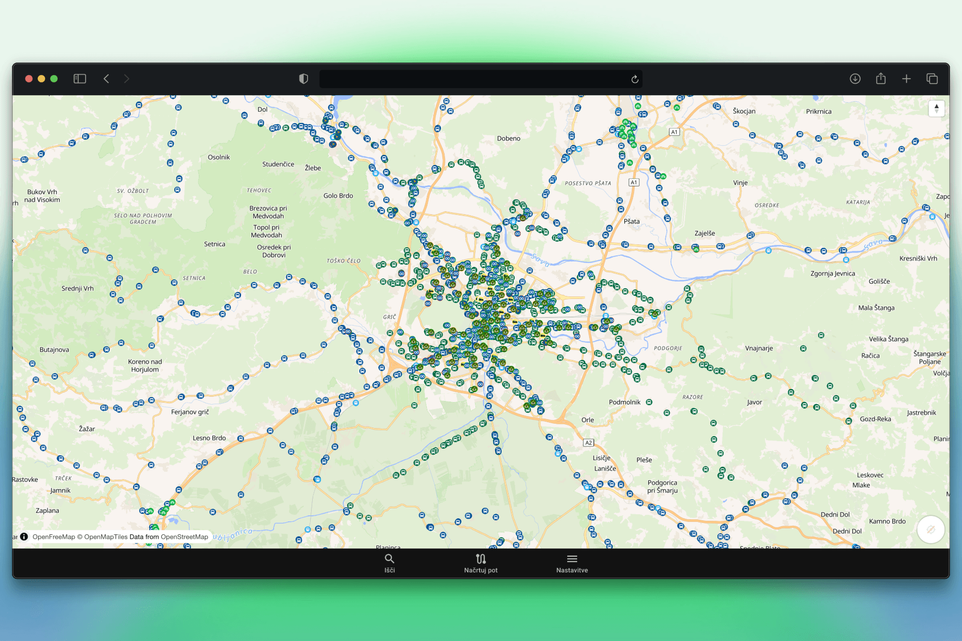 Brezavta.si home page showing a transit map of Slovenia